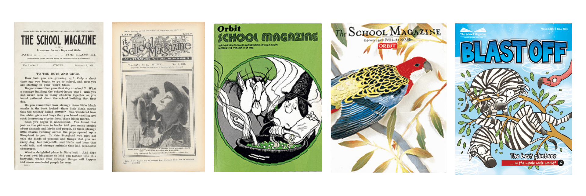 Five covers of The School Magazine through its history, from 1916 until today