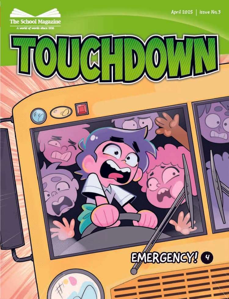 Touchdown 3 2025 cover - a full bus of terrified animated school children with the caption 'emergency'
