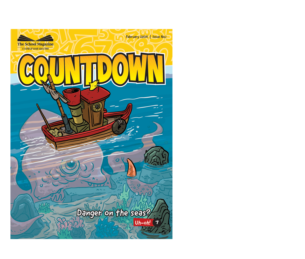 Countdown Issue 1 2024 cover image. A boat sits on top of the ocean, unaware of the giant octopus under it. Caption reads "danger on the seas?"